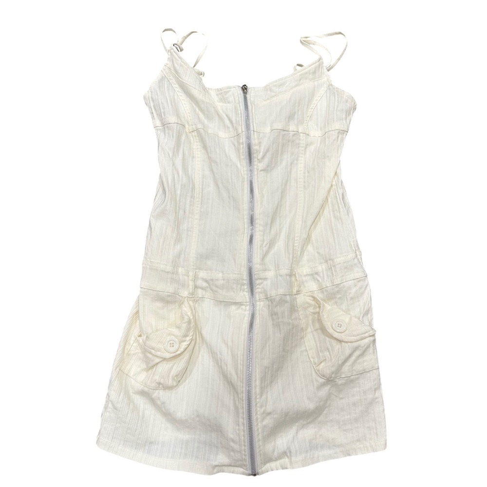 Miss Cocoa Cream Zip Front Mini Dress Cargo Pockets Ribbed Y2K Size GDE